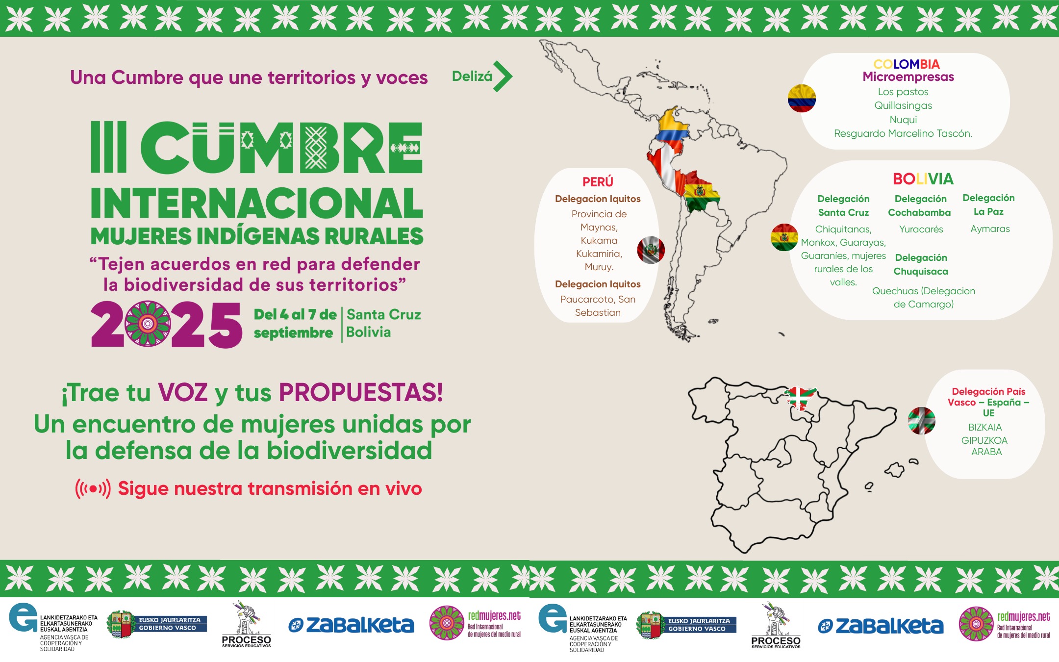 Poster en el que se muestran marcados Colombia, Perú, Bolivia y los paises vascos