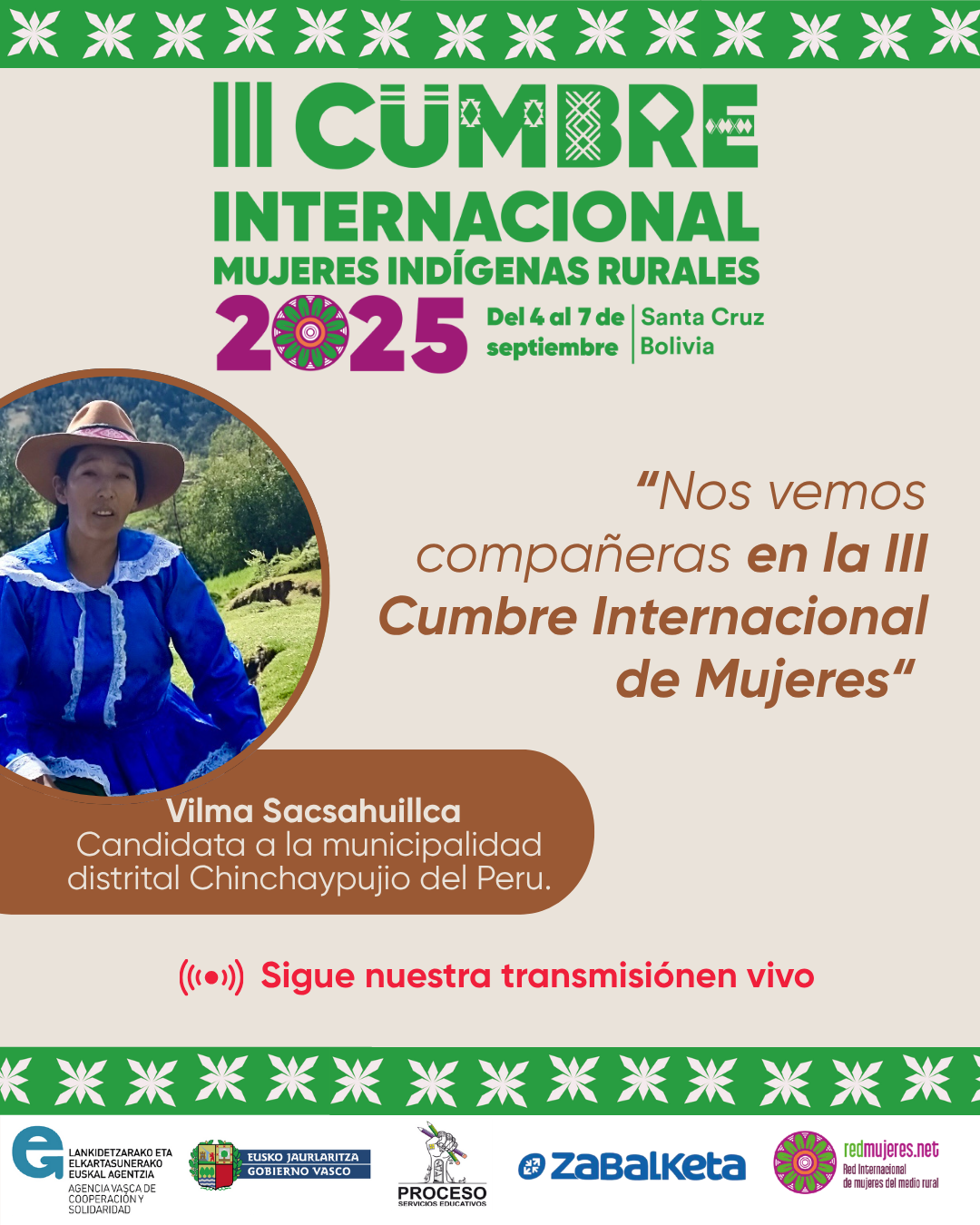 Poster en donde sale Vilma Sacsahuillca candidata a la municipalidad distrital Chinchaypujio en Perú